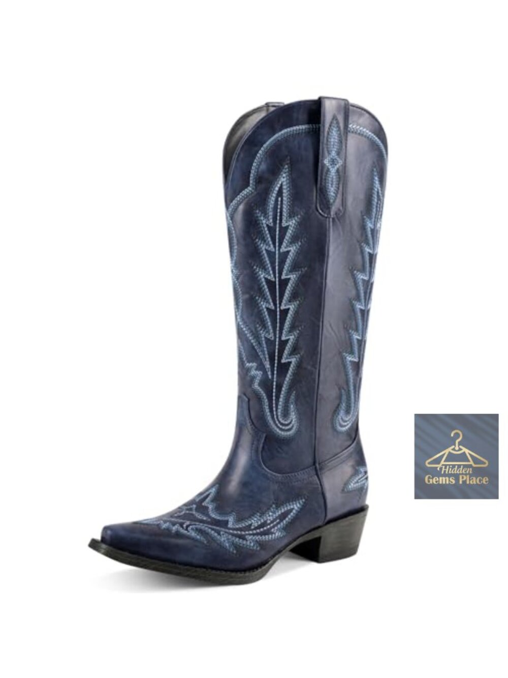 Knee High Cowgirl Boots Faux Leather Chunky Heel Pointed Toe